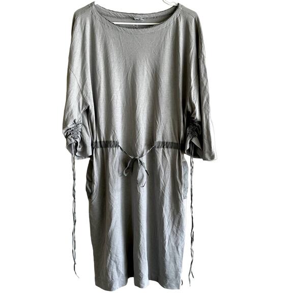 European Culture Blouson Dress Ruched Sleeve Tie Waist Pocket Cotton Gray Small - Picture 1 of 8